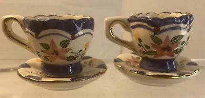 2 Miniature Porcelain Teacup Saucer Pink Flowers Blue Accents Gold Trim 2” • $7.99