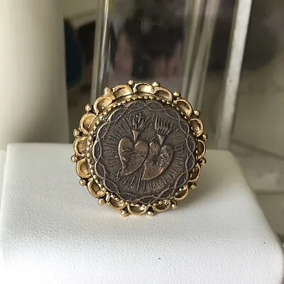 Vtg Heraldic Templar Two Hearts Cross Crown Coin Gold Tone Ring Sz 8 Adjustable  • $120