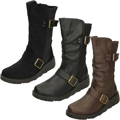 Ladies Spot On Wide Fit Low Wedge Buckle Mid Calf Winter Boots F4r452 Size • £34.99