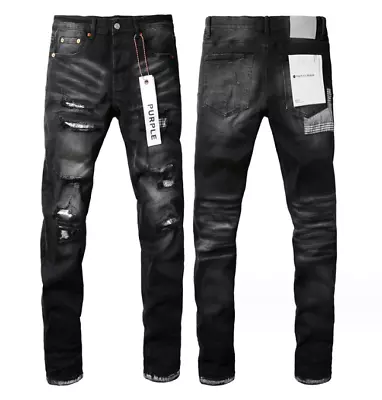 2024 New Purple Brand Fashion Men Black Jeans Distressed Hole Unique Personality • $64.80