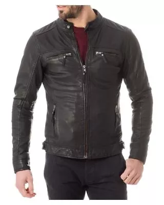 New Leather Jacket Mens Biker Motorcycle Real Leather Coat Slim Fit Black #498 • $118
