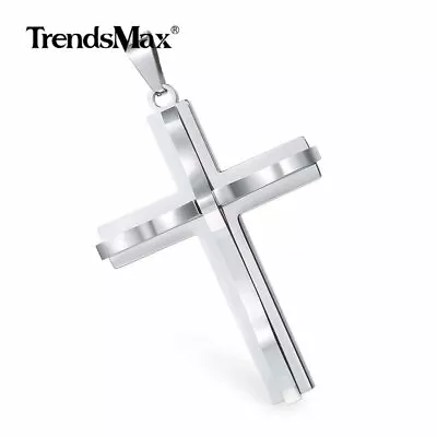 Silver Mens Cross Pendant Necklace 5mm 18-36'' Stainless Steel Curb Cuban Chain • $7.59