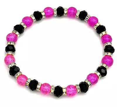 Stunning 8.5  Beaded Stretch Bracelet -Black & Fuchsia Pink With AB Rhinestones • $3.50