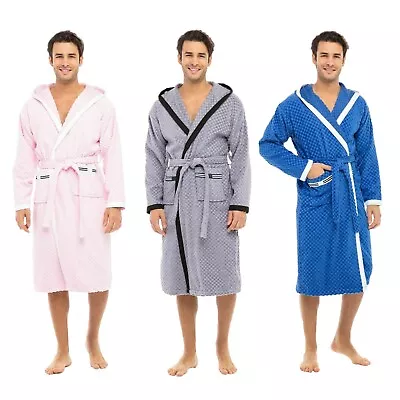 Men's Waffle Wave Hooded Robe Spa Robes 100% Terry Cotton Bathrobes Calf Length • $35.14