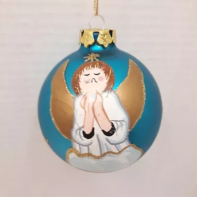 VTG Mouth Blown Glass Hand Painted Praying Angel Round Blue Christmas Ornament • $13.95