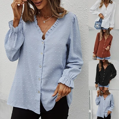 £10.59 • Buy UK Womens Button Up T Shirt V Neck Long Sleeve Casual Work Tops Blouse Size 4-22