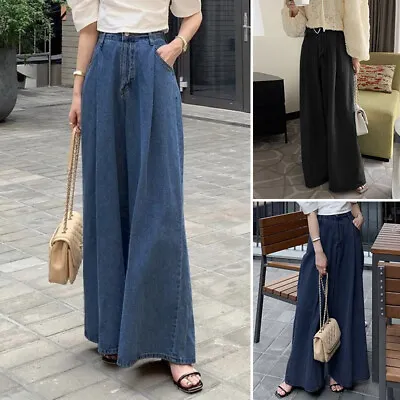 ZANZEA Women Zip Denim Jeans Wide Leg Long Pants Casual Loose Palazzo Trousers • $37.61