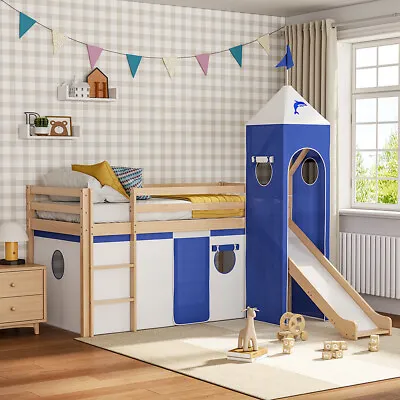 3ft Single Kids Cabin Bed Wooden Bed Frame Mid Sleeper With Slide & Play Tent • £309.95