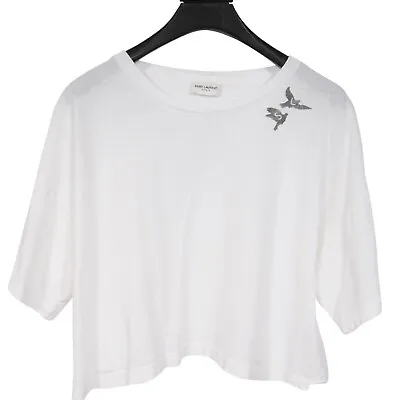 Saint Laurent Women SL Logo Crop Top T Shirt Extra Large White Black Cotton Bird • £190.56