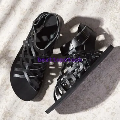 Roman Mens Sandals Leather Hollow Out Gladiator Woven Strappy Buckle Sandals New • $57.19