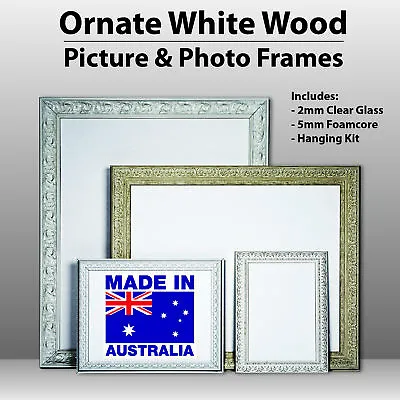 Wooden Ornate White Classic White  Photo Frame A0 A1 A2 A3 A4  Clear Glas • $73.48