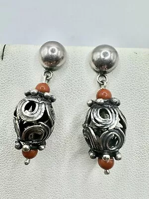 Vintage Sterling Silver 925 Coral Drop Dangle Earrings Swirl Loop • $5