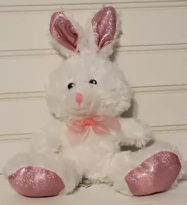 Plush White Bunny/Rabbit Sparkle Pink Ears/Paws Pink Ribbon Bow Stitched Eyes • $8.65
