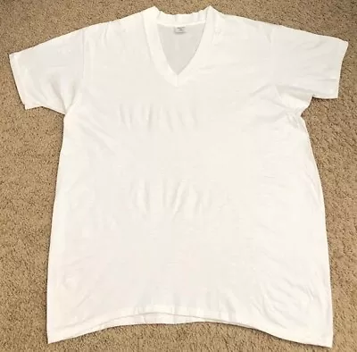 Vintage 90's Hanes Blank White V-Neck T-Shirt Single Stitch Size XL • $22.99