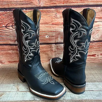 MENS WESTERN COWBOY Black /Brown LEATHER WIDE SQUARE TOE BOOTS Bota Vaquera PIEL • $114.79