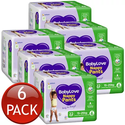 6 X Babylove Nappy Pants Size 6 Junior 15-25Kg Unisex Disposable Nappies 22 Pack • $468.80