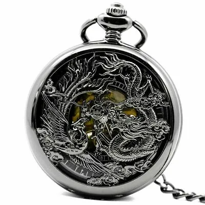 Men's Retro Mechanical Pocket Watch Dragon Full Hunter Skeleton Steampunk Chain • £17.98