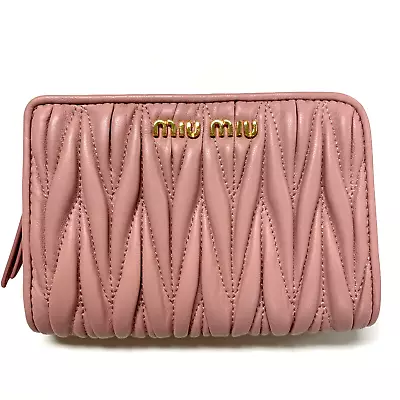 Auth MIU MIU Matelasse L Shaped Zipper Wallet Pink Leather 5ML013 Used • £232.51