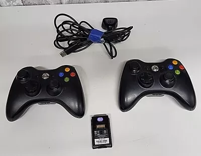 Lot Of 2 Microsoft Xbox Controllers Black 3 Batteries 1 Cord • $6.50