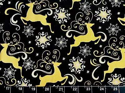 Tina Scrap 8”x21” Christmas Deer Metallic Gold Snowflake Swirl COTTON Fabric • $2.89