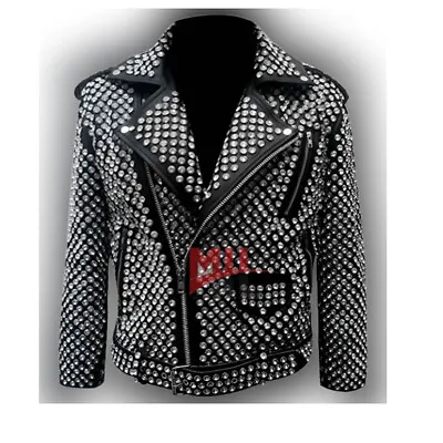 Handmade Men's Full Black Punk Silver Long Spiked Studded Leather Jacket • $279.99