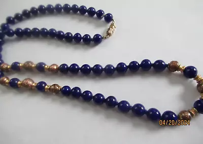 Vintage Cobalt Blue Venetian Glass Bronze/ Gold Beaded Knotted Necklace 28' • $29.99