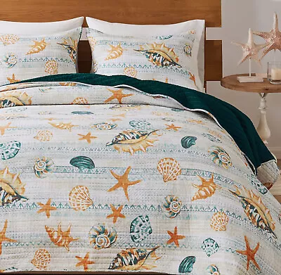 KONA TROPICAL 3pc King QUILT SET : BEACH HOUSE COASTAL OCEAN SHELL STARFISH FISH • $99.95