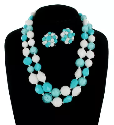 West Germany Plastic White Aqua Necklace Clip On Earring Jewelry Set 60s Vintage • $22.49