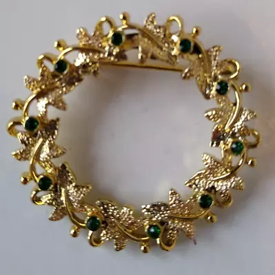 Vintage Gerry's Gold Tone Leaf Green Rhinestones Emerald Pin Brooch • $9.99