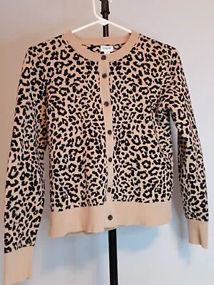 J Crew Cotton Leopard Animal Cardigan Sweater Buttons  Black Tan Pre-Owned • $9.95