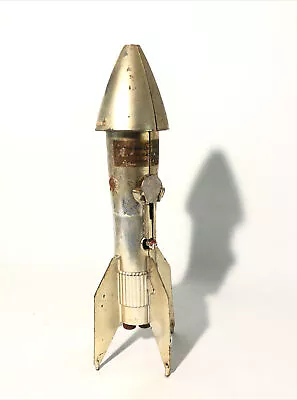 Vintage 1950’s Astro Mfg. Rocket Ship Mechanical Coin Bank-11.5” Gold Tone Metal • $24.95