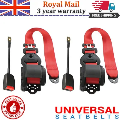 Universal 2 Sets 3 Point Inertia Seat Belt Car Truck Adjustable Safety Belts Red • £24.59