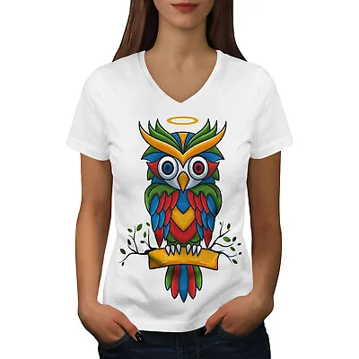 Wellcoda Bright Colorful Owl Womens V-Neck T-shirt Nature Graphic Design Tee • £17.99