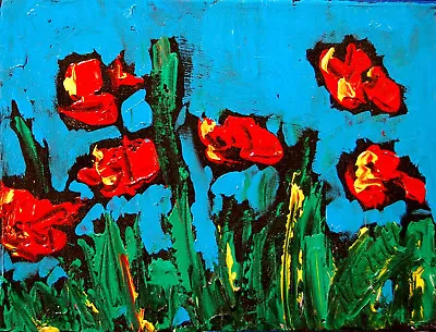 RED FLOWERS BLUE +  By Mark Kazav  Abstract Modern CANVAS Original PSDFB • $57.77