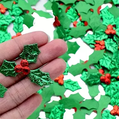 100x Christmas Glitter Red Berry Green Holly Leaves For Home Table DIY Scrapbook • £2.95