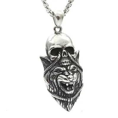 Mens Viking Tribal Wolf Head Skull Pendant Necklace Men Stainless Steel • $13.93