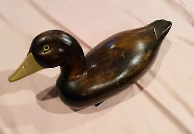 Vintage Hand Carved Wood Duck Brass Beak Glass Eyes Brown 13” Inch • $20