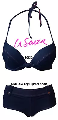 La Senza Blue Stretch Denim U/W Gel Core Padded Push-up Bikini 30DD & 8 Short • £34