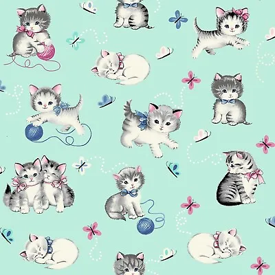 Feline Drive Fabric LITTLE DARLINGS Vintage Kittens Mint Cats Sold By The Yard • $12.99