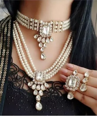 Indian Traditional Kundan Pearl Wedding Bridal Necklace Jewellery Set With Tika • $36.69