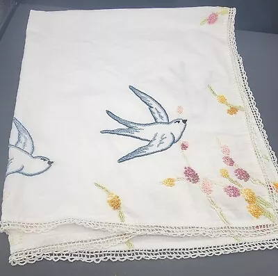 Embroidered Blue Birds Swallows Flowers 28  Square Tablecloth Table Scarf Vtg  • $20.48