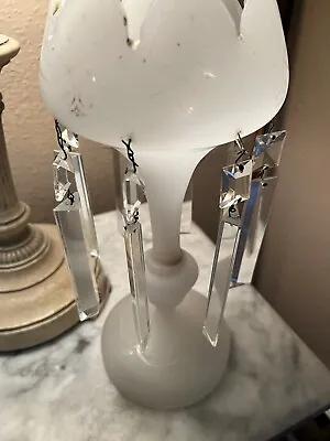 1-WHITE OPALINE Glass Mantle LUSTER/Candleholders With 8- PRISMS • $55