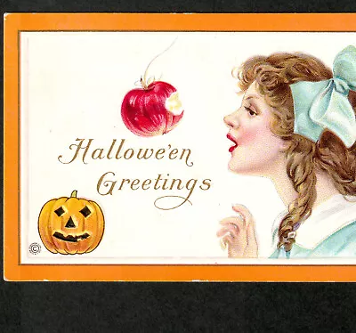 Halloween Greetings Beautiful Girl Bites Apple Stecher 80 A Pumpkin JOL Postcard • $32.50