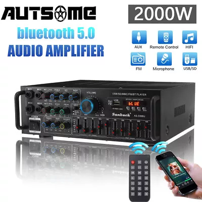 AUTSOME 2000W 2CH Bluetooth Stereo Amplifier Amp 4Mic Inpurt HIFI Tuner USB  • £39.59