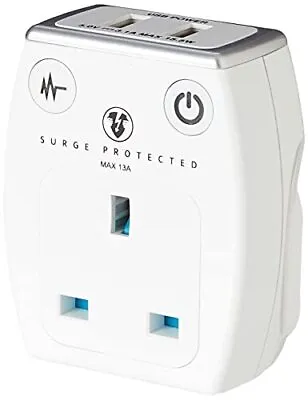 Masterplug Single Socket Surge Protected Power Adaptor  Two USB Charging Points • £16.66