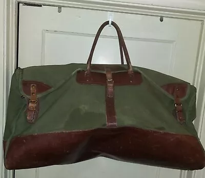 VTG GOKEYS Orvis Duffle Bag Sportsman Hunting Fishing Leather Green Canvas Large • $85