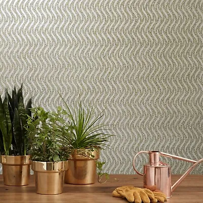 Real Natural Mica Vermiculite Brass Taupe Metallic Sparkles Wave Lines Wallpaper • $224.40