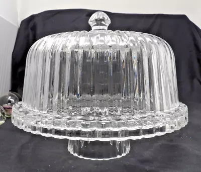 Vintage 12” Heavy Ribbed Glass Cake Stand W/Dome - Converts To Punch Bowl • $29.50