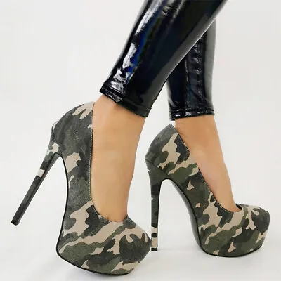 Womens Camouflage Platform Pumps Stilettos Slip On High Heels Party Club Shoes • $78.15