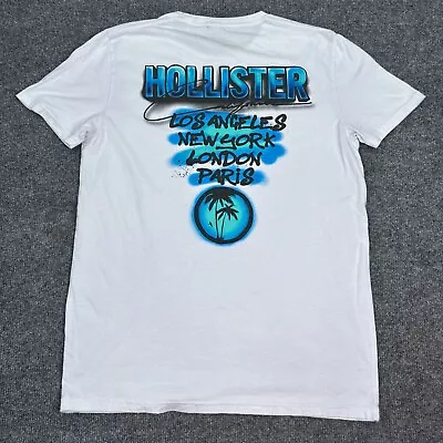 Hollister Graffiti T Shirt Mens Size Small White Blue Crew Neck Short Sleeve • $15.10